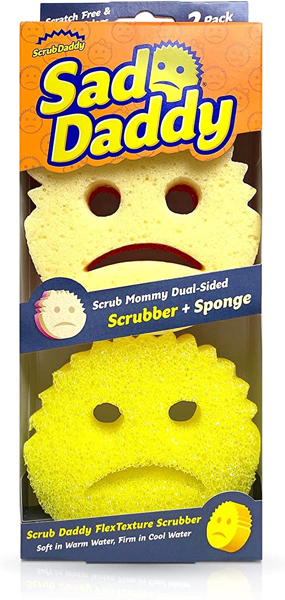 Scrub Daddy Sponge Set - Sad Daddy - FlexTexture Scrubber and Scrub Mommy Dual-Sided Sponge and Scrubber - Soft in Warm Water, Firm in Cold, Scratch Free, Odor Resistant - 2 Count