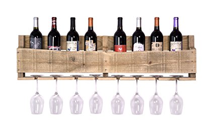 DAKODA LOVE - The Olivia Wine Rack, USA Handmade Reclaimed Wood, Wall Mounted, 8 Bottle 8 Long Stem Glass Holder (Natural)