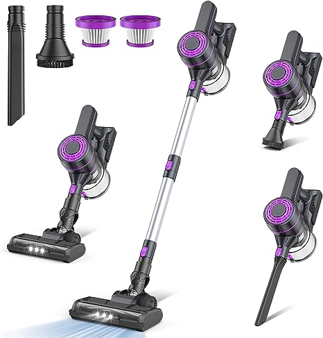 EICOBOT Cordless Vacuum Cleaner,20000Pa Powerful Cordless Vacuum,35 Mins Runtime,Detachable Battery,1.5L Dust Cup,6 in 1 Lightweight Quiet Stick Vacuum Cleaner for Hardwood Floor Pet Hair,Car,Purple