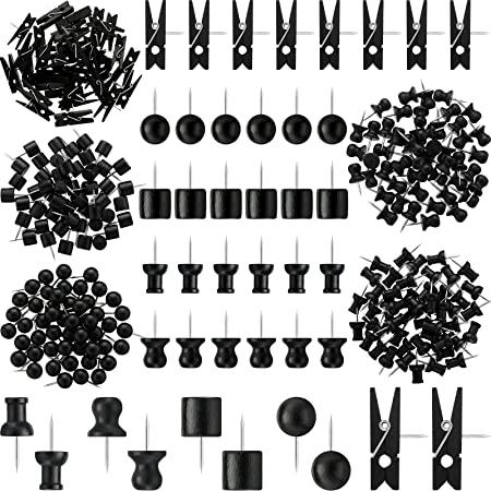 230 Pieces Wooden Push Pin Walnut Push Pins Round Head with Wooden Clips Wooden Head Pins Steel Point Thumb Tacks for Bulletin Boards, Cork Boards, Maps, Photos, Christmas Supplies (Black)