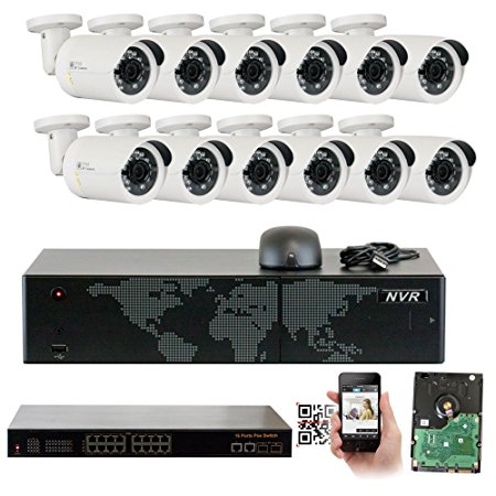 GW Security 16 Channel 5MP NVR 1920P IP Camera Network POE Video Security System - 12 x 5.0 Megapixel (2592 x 1920) Weatherproof Bullet Cameras, Quick QR Code Easy Setup, Pre-installed 4TB Hard Drive