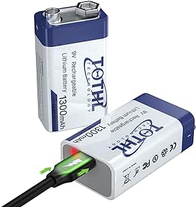 TQTHL 9V Rechargeable Batteries,9V Lithium Battery High Capacity 1300mAh,with 2 in 1 USB Charging Cable for Smoke Alarms, Multimeters, Microphones, Toys,Guitar,Metal detectors and More (2 Count)