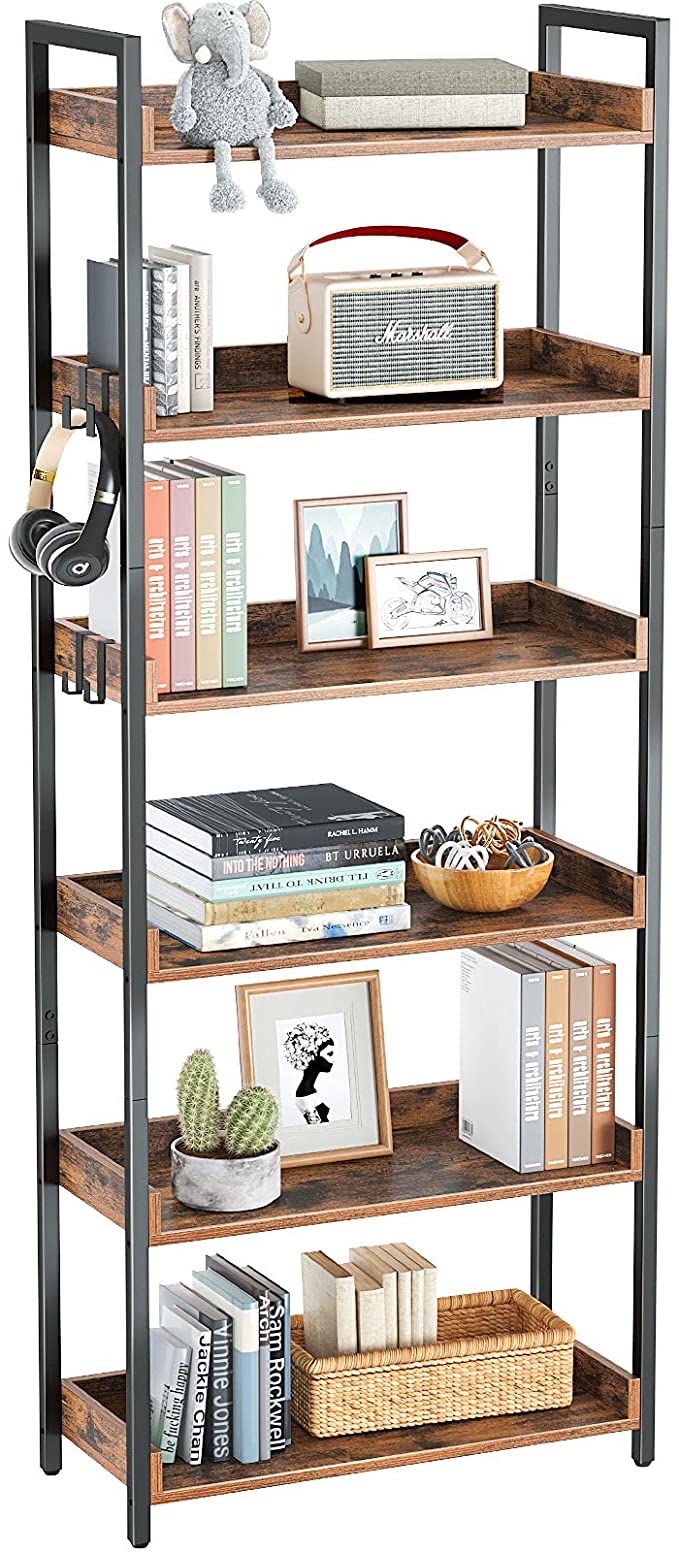 Rolanstar Bookshelf, 6 Tier Bookcase, Industrial Storage Rack with Metal Frame, Free Standing Utility Organizer Shelf Unit for Open Storage,Display and Book Organization in Living Room, Bedroom,Office,Study, Rustic Brown