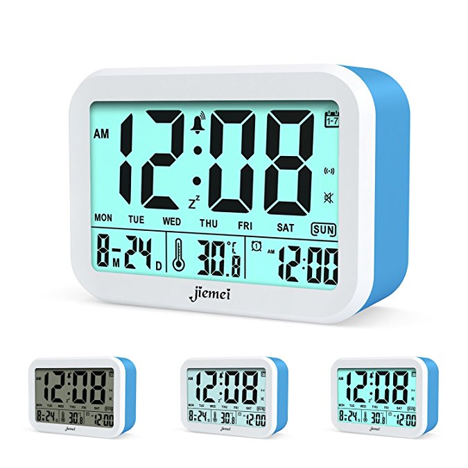 Digital Alarm Clock, Jiemei Talking Alarm Clocks for Kids and Adults, Battery Operated, 4.5'' Display, Smart Backlight, 3 Alarms, 7 Rings, Good Gift Choice (Blue)
