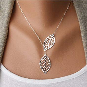 Aukmla Chic Leaf Shaped Chain Jewelry Necklaces for Women and Girls (Silver)