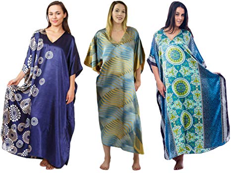 Satin Caftan/Kaftan Combo, 3 Caftans with Blue Shades, Special#11, One Size
