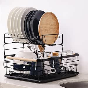 Navaris 2 Tier Dish Rack - Compact Drying Kitchen Board with Drip Tray & Cutlery Holder - Easy to Assemble and Clean Dishes - Sink Drainer Rack - Black