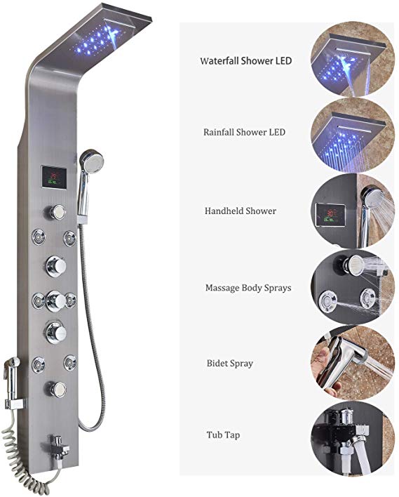 Rozin LED Light Rain Waterfall Shower Panel Set Thermostatic Mixer Control Tub Faucet   Massage Jets   Handheld Sprays Stainless Steel