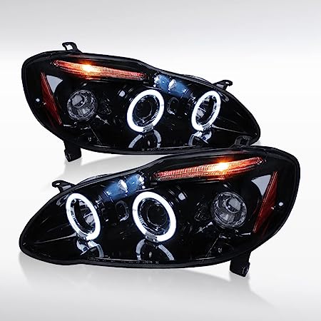 Autozensation Compatible with 2003-2008 Toyota Corolla 2008 LED Smoke Lens Glossy Black Housing Projector Headlights L   R Pair Headlamp