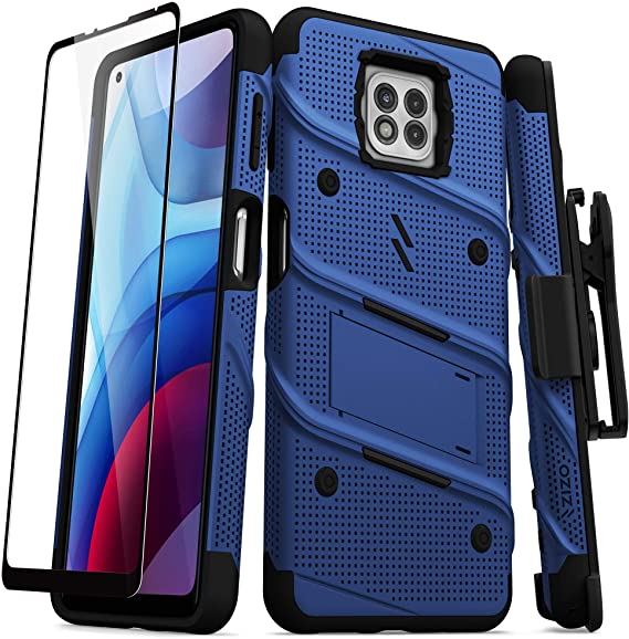 ZIZO Bolt Series for Moto G Power (2021) Case with Screen Protector Kickstand Holster Lanyard - Blue & Black