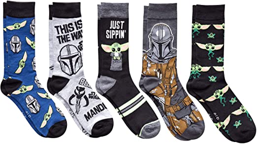 Star Wars The Mandalorian Baby Yoda and Mando Men's Crew Socks 5 Pair Pack