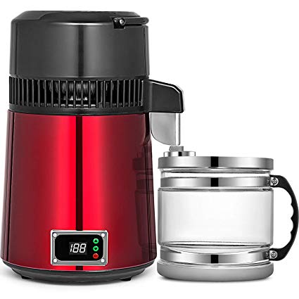 VEVOR Stainless Steel Water Distiller 750W Water Distillation Kit 1.1 Gallon/4 L Water Distiller Home Countertop Connection Bottle Food-Grade Outlet Glass Container (Digital Panel-Red)