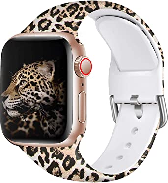 Wepro Floral Bands Compatible with Apple Watch 40mm 38mm Women, Fadeless Pattern Printed Soft Silicone Wrist Band Replacement for iWatch Series 5,4,3,2,1, 38mm/40mm-M/L, Leopard