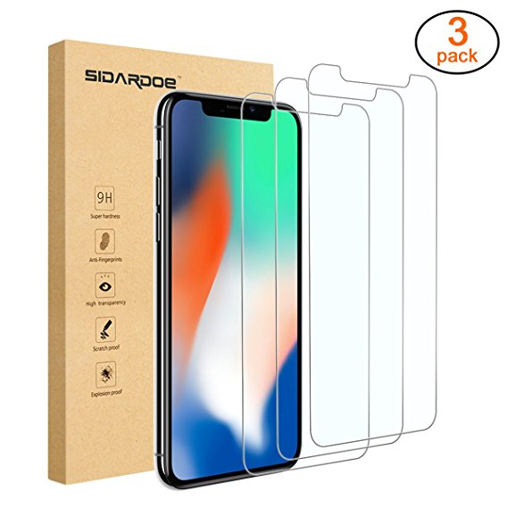 IPhone X Screen Protector [ 3-Pack ] SIDARDOE Tempered Glass Screen Protector for iPhone X/iPhone 10 2017 [ 9H Anti-Scratch ] [ High Definition ] [3D Touch ] [ Anti-Fingerprint ] [ Warranty Service]