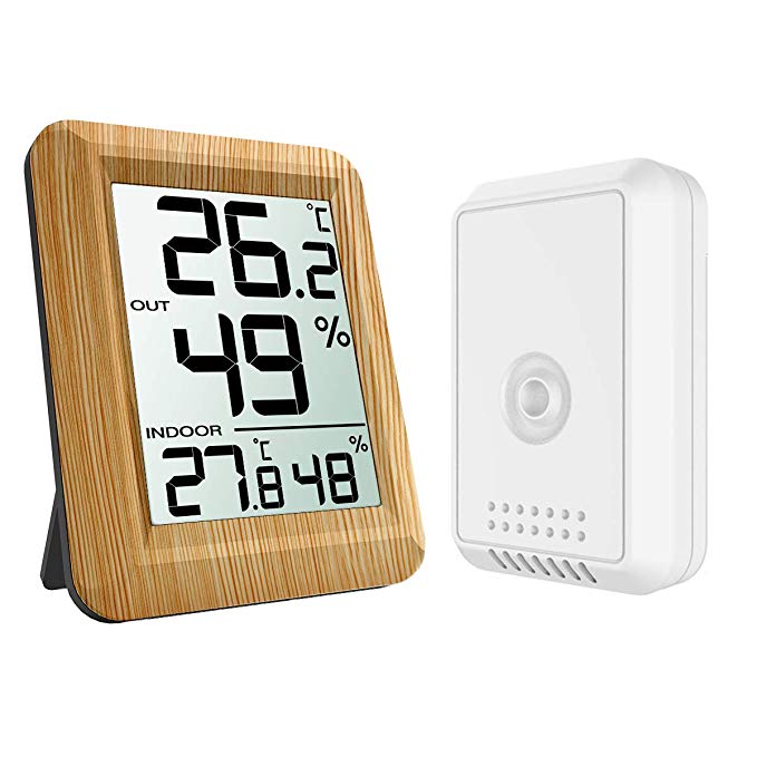 KeeKit Indoor Outdoor Thermometer, Temperature Humidity Monitor with Wireless Sensor, Digital Hygrometer Gauge with LCD Screen, ℃/℉ Switch for Home, Office, Bedroom, Baby Room, Kitchen - Wooden Yellow