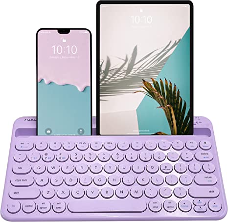 Macally Small Bluetooth Keyboard for Tablet and Phone - Universal Multi Device Compatibility - Rechargeable Wireless iPhone Keyboard (Built-in Stand/Slot) - 78 Key Bluetooth iPad Keyboard - Purple