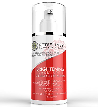 Retseliney Best Dark Spot Corrector Serum, for Age, Brown and Sun Spots, Vegan, Natural & Organic Skin Brightening for Face with Kojic Acid & Hyaluronic Acid, Vegan Skin Lightening for Men & Women