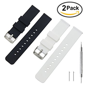 Rubber Watch Band Pack of 2 - 18mm 20mm 22mm Silicone Quick Release Watch Strap Stainless Steel Buckle