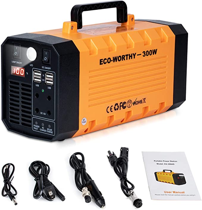 ECO-WORTHY Portable Power Station 300Watt/288Wh, 78000mAh Solar Generator UPS, CPAP Power Supply, Pure Sine Wave Lithium Battery Backup Recharged by Solar/AC Outlet/Car for Camping Travel Emergency