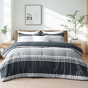 PHF Twin Comforter Set - 2 Pieces Soft Striped Bedding Comforter Sets, Charcoal Grey Stripe Fluffy Bed Set for All Season, 1 Lightweight Comforter (68"x90") and 1 Pillowcases (20"x26")