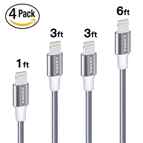 Lightning Cable, CRONA 4Pack 6FT 3FTx2 1FT Nylon Braided Charging Cable Cord Lightning to USB Cable iPhone Charger for iPhone X/8/8Plus/7/7 Plus/6s/6s Plus/6/6 Plus/5/5S/5C/SE/iPad, iPod and More