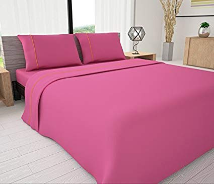 Livingston Home Novelty Bedding 144 Thread Count Egyptian Cotton Blend Solid Sheet with Piping Accents, Twin, Fuchsia