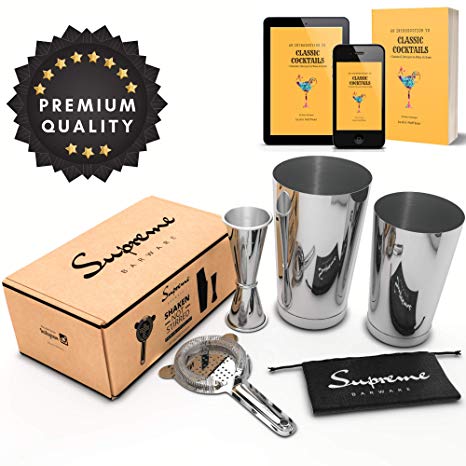 Supreme Barware 5 Piece Martini Cocktail Shaker Set Profesional and Home Bar Weighted Boston Shaker Tins with Hawthorne Strainer and Japanese Jigger Includes Bonus Travel Bag and Drink Recipe (Ebook)