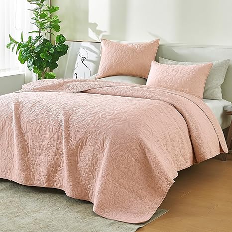 100% Cotton Stitched Full/Queen Quilt Set with Shams, Rose Vintage Decor Bedding Set, All-Season, Ultra-Soft Lightweight Bedspreads. (Full/Queen, Rose - Scroll)