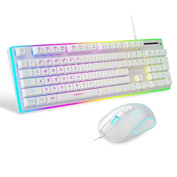 MageGee Gaming Keyboard and Mouse Combo, True RGB Backlit Membrane Office Keyboard, 104 Keys Aluminum Panel USB Quiet Wired Keyboard for Windows Laptop PC - White