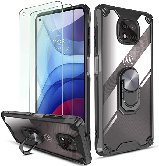 QHOHQ Case for Motorola Moto G Power 2021 with 2 Pack Tempered Glass Screen Protector,[360° Rotating Stand] [5 Times Military Grade Anti-Fall Protection],Transparent PC Back Cover, Soft TPU Edge-Black