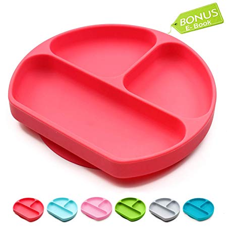 Suction Plates for Toddlers | Divided Silicone Baby Plate | All in 1 Toddler Plates and Bowls Fits Most Highchair Trays | Silicone Placemats for Babies | Baby Plates with Suction Red