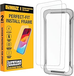 DEWALT Glass Screen Protector for iPhone 15 Pro, 2 Pack Tempered Glass Screen Protector, Case Friendly, Perfect Install Tool Included