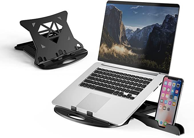 DTK Laptop Stand with 360 Swivel Base Adjustable Computer Stand with Phone Holder Multi-Angle Stand for Desk Portable Foldable Laptop Riser Notebook Holder Compatible for 10 to 17” Laptops (Black)