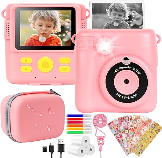 NICEWIN Kids Camera for Girls Boys,Instant Camera for Kids with Storage Case 1080P HD Digital Camera with Print Photo Paper, Birthday Gifts Toy for 3-12 Year Old 6 Colour Pens 32GB SD Card (Pink)
