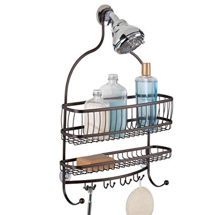 InterDesign York Metal Wire Hanging Shower Caddy, Extra Wide Space for Shampoo, Conditioner, and Soap with Hooks for Razors, Towels, and More, 16" x 4" x 22", Bronze