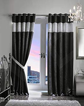 Viceroybedding PAIR OF VELVET STYLE DIAMANTE THERMAL BLACKOUT Eyelet Ring Top Curtains Including Pair of Matching TIE BACKS, by VICEROY BEDDING (66'' x 90'', Black)