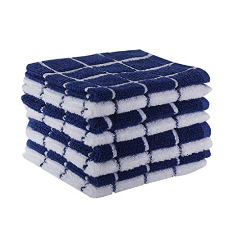 The Weaver's Blend Set of 8 Terry Dish Cloths, Check Design, 100% Cotton, Absorbent, Size 12”x12”, Blue Check,Kitchen Towels and Dish Cloths