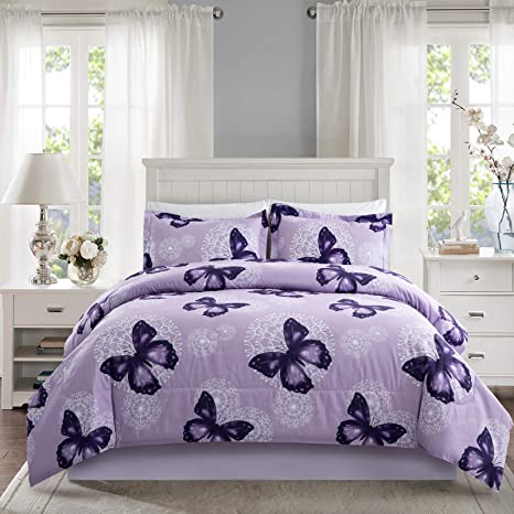 ARTALL Lightweight Microfiber 2 Piece Comforter Set with 1 Sham, Butterfly Pattern Bedding Set, Twin, Purple