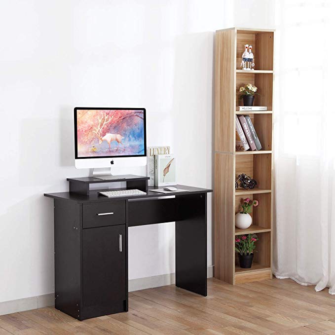 DOSLEEPS Computer Desk, Home Office Writing Desk Wood PC Laptop Gaming Study Workstation with Cabinet and Storage Shelf for Small Space - Free Monitor Stand - Black