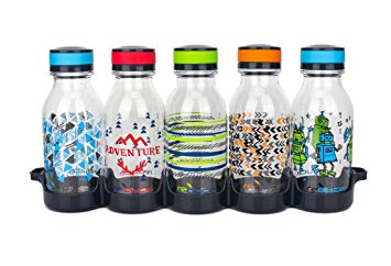 reduce WaterWeek Kids Reusable Water Bottle Set with Fridge Tray - 5 Flask Pack, 14oz - Cute and Colorful Adventure Design - BPA Free, Leak-Proof Twist Off Cap - Perfect for Lunchboxes and Road Trips