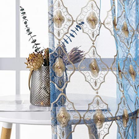 Aside Bside Vintage Bead8511 Sheer Curtain Embroidered Beaded Lace Voile Draperies Rod Pocket Panel for Living Room Bedroom Dining(1 Panel, Blue Bottom with Light Brown Embroidery, W 50 x L 95 inch)