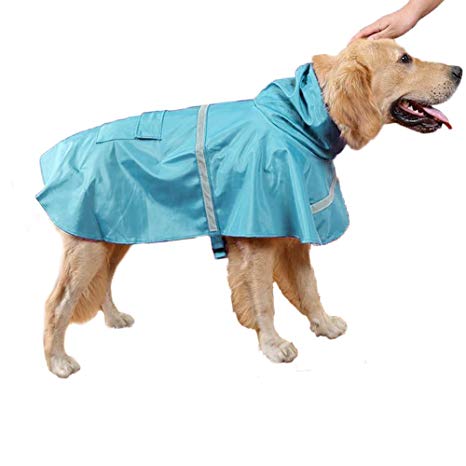 Maxgoods Large Dog Raincoat Leisure Pet Waterproof Clothes Lightweight Rain Jacket Poncho with Strip Reflective (L, Lake Blue)