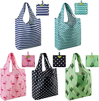 Foldable Reusable Grocery Bags set Cute Designs Folding Shopping Tote Bag with Pocket Pink Green Black Blue Teal Gift Bags Reusable Bag with Pouch Reusable Fabric Bags