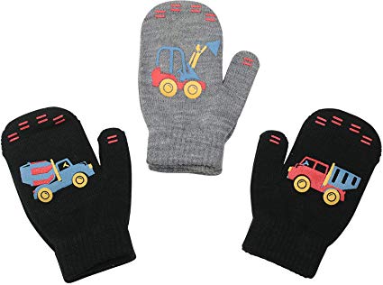 3 Pack - Magic Stretch Winter Mittens for Boys, Kids, Children, Toddler Toddlers - Dino, Solid Colors, Trucks