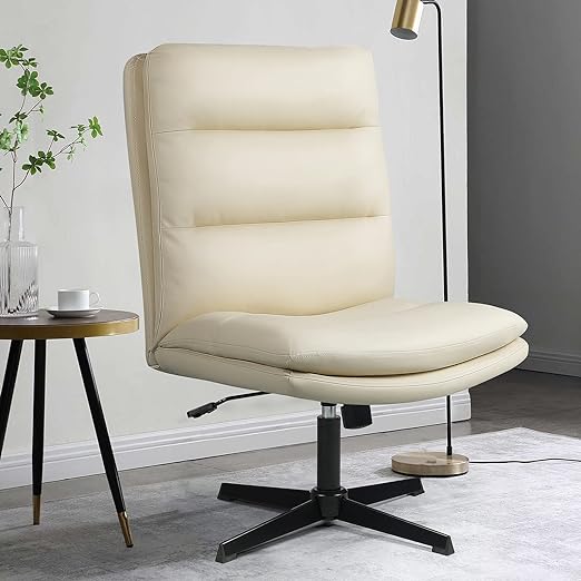 LEMBERI PU-Padded Armless Office Desk Chairs No Wheels, High-Back Wide Seat Home Office Desk Chair, 120°Rocking Cross Legged Computer Task Chairs, Modern Adjustable Swivel Vanity Chair (Beige)