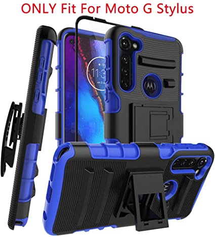 Aoways for Moto G Stylus Case [Tempered Glass Screen Protector] Belt Clip with Kickstand Heavy Duty Military Grade Shockproof Protective Case for Motorola Moto G Stylus - Blue