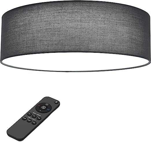 Navaris Flush Mount Ceiling Light - 12.6" Diameter Drum Lamp Shade LED Fixture with Remote Control - Bedroom Living Room - Dark Gray