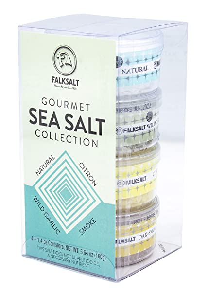 FALKSALT 4-Pack Mediterranean Sea Salt Flakes Gift Set - All Natural Finishing Flake Salt - Great for Meat, Poultry, Seafood, Veggies, Sweets, & Cocktails (4 x 1.4 OZ Canisters)