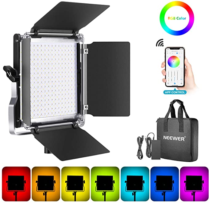 Neewer 530 RGB Led Light with APP Control, 528 SMD LEDs CRI95/3200K-5600K/Brightness 0-100%/0-360 Adjustable Colors/9 Applicable Scenes with LCD Screen/U Bracket/Barndoor, Metal Shell for Photography