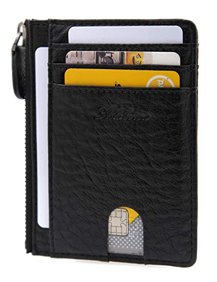 AslabCrew Minimalist Genuine Leather Zipper RFID Blocking Front Pocket Wallet, Slim Card Wallets